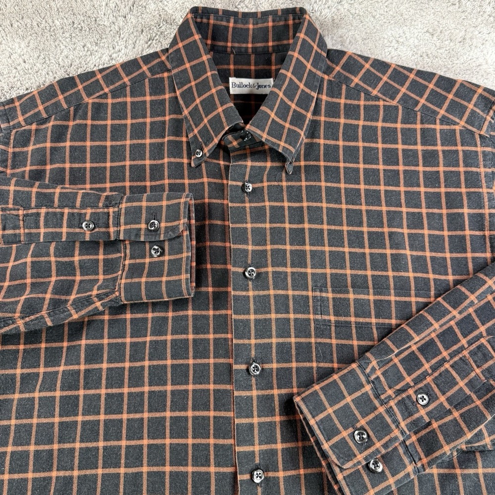 Bullock & Jones Flannel Shirt Mens Large Black Orange Plaid Button Down Soft